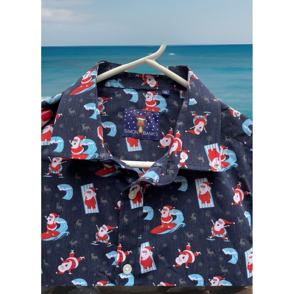 Surfing Santa Simon Banks Christmas Shirt LS Button Up Reindeer Beach Men M 15.5